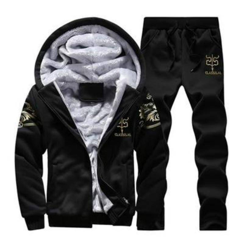 Männer Winter Outfits Fleece Mantel + Jogginghose Warme Kapuzenjacke Mode Sport Trainingsanzug XXL schwarz von Joom DACH