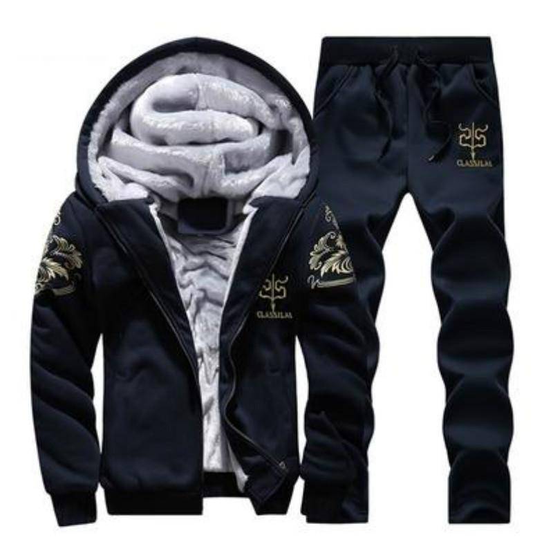 Männer Winter Outfits Fleece Mantel + Jogginghose Warme Kapuzenjacke Mode Sport Trainingsanzug XXXL dunkelblau von Joom DACH