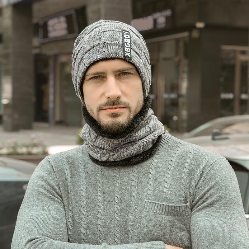 Männer Winter Warme Fleece Camping Hut Beanie Baggy Wolle Ski Cap + Schal Winddichte Hüte Brief Gestrickte Kappen grau von Joom DACH