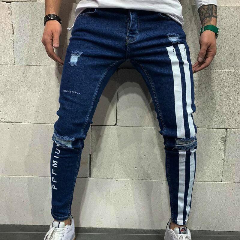 Männer Zerrissene Elastische Kleine Füße Jeans Gestreiften Buchstaben Druck Pantalones Jeans Hombre männer Jean Hosen Hip Hop 3XL dunkelblaue von Joom DACH