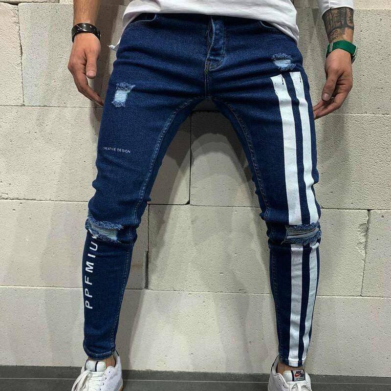 Männer Zerrissene Elastische Kleine Füße Jeans Gestreiften Buchstaben Druck Pantalones Jeans Hombre männer Jean Hosen Hip Hop 3XL dunkelblaue von Joom DACH