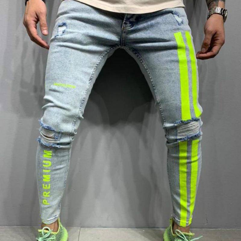 Männer Zerrissene Elastische Kleine Füße Jeans Gestreiften Buchstaben Druck Pantalones Jeans Hombre männer Jean Hosen Hip Hop S hellblaue von Joom DACH