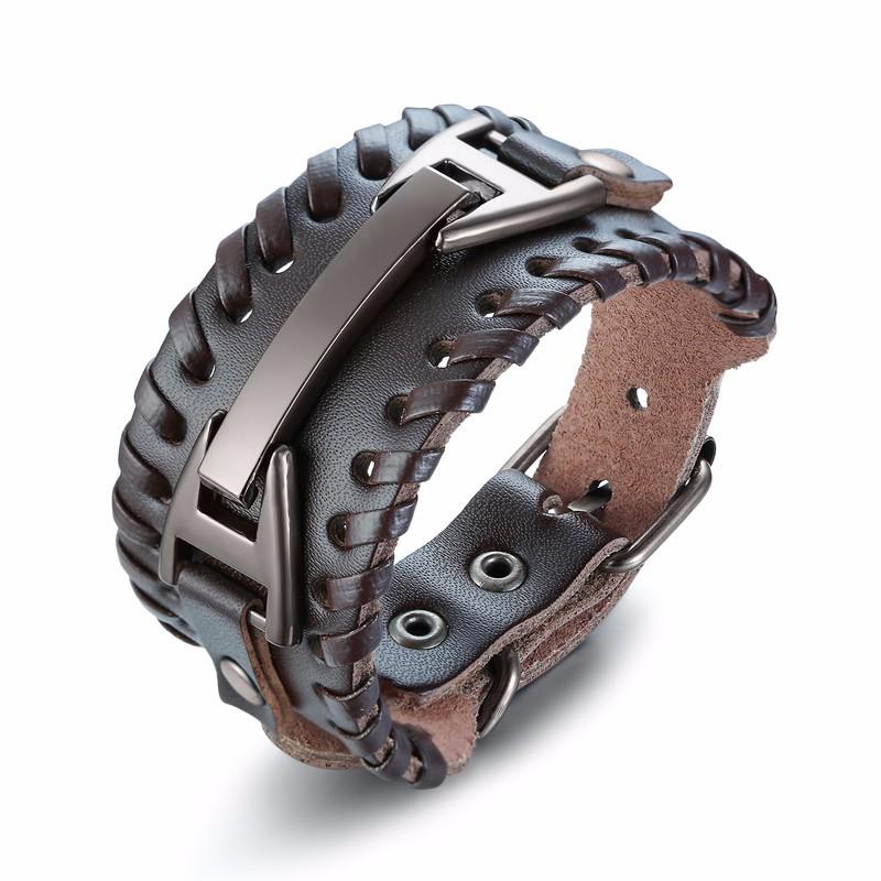 Männer stilvolle breite Lederarmband Punk geflochtene Seil Legierung Manschette Armreif männliche Armband braun von Joom DACH