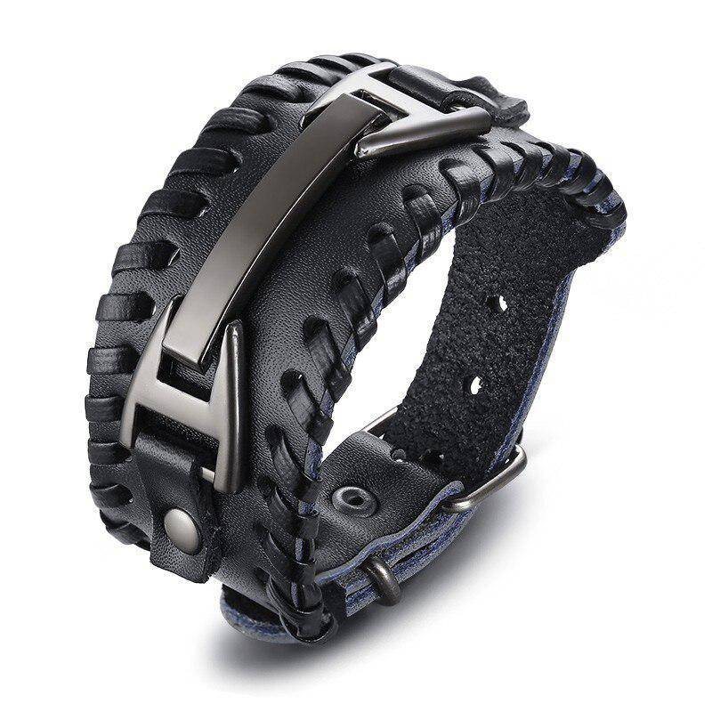 Männer stilvolle breite Lederarmband Punk geflochtene Seil Legierung Manschette Armreif männliche Armband schwarz von Joom DACH