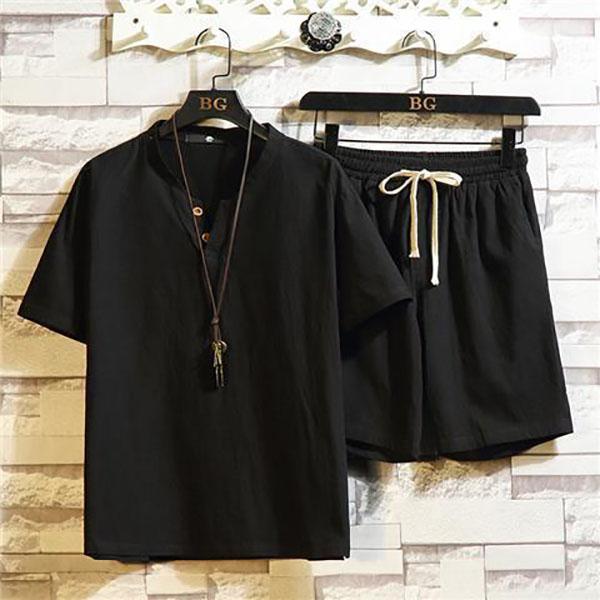Männlich Große Größe Dünne Set Baumwolle Leinen Kurzarm Shorts Anzug Männer Einfarbig Trend Leinen Freizeit Sport Zwei-stück Sommer L schwarz von Joom DACH