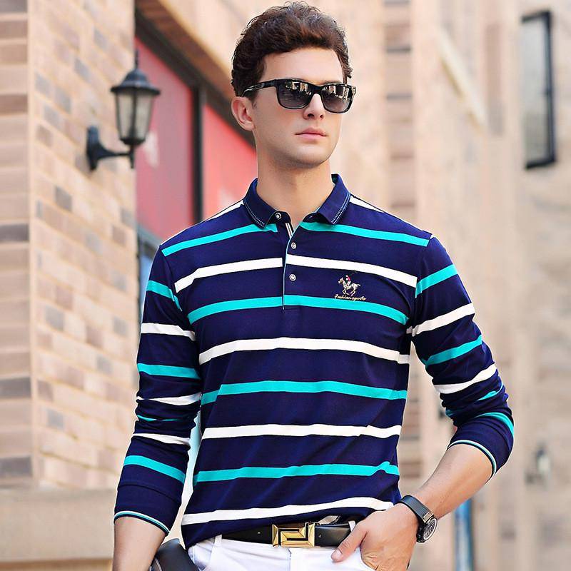 Männliches Poloshirt Tops Frühling Herbst Männer Casual Herren Langarm Poloshirts Herren Streifen Polos Shirt XXL himmelblaue von Joom DACH