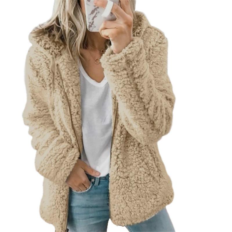 Mäntel für Damen, Wollfell, flauschiger Pelzmantel, Fleecejacken, Kapuze, lange Ärmel, Winterwärmer, Plüsch-Fleece-Cardigan XL khaki von Joom DACH