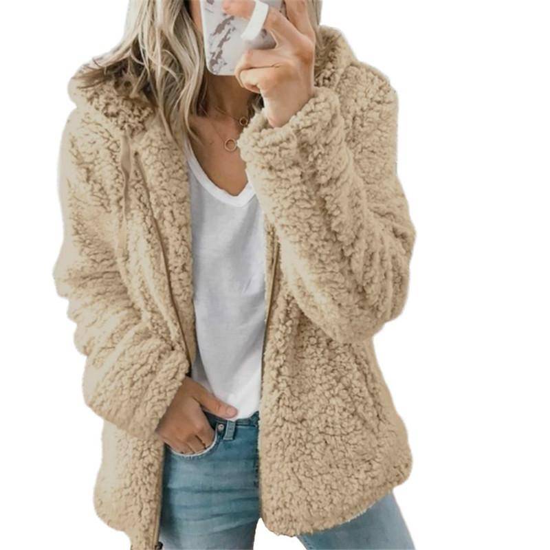 Mäntel für Damen, Wollfell, flauschiger Pelzmantel, Fleecejacken, Kapuze, lange Ärmel, Winterwärmer, Plüsch-Fleece-Cardigan XL khaki von Joom DACH
