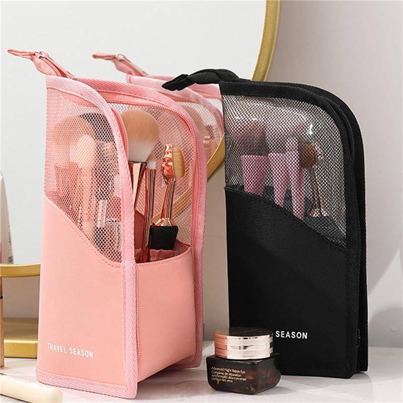 Make-up-Pinsel-Etui, Make-up-Pinselhalter, wasserdichte Reise-Kosmetiktasche, faltbarer Stand-up-Make-up-Becher mit Reißverschluss (Schwarz + Pink) rosa von Joom DACH