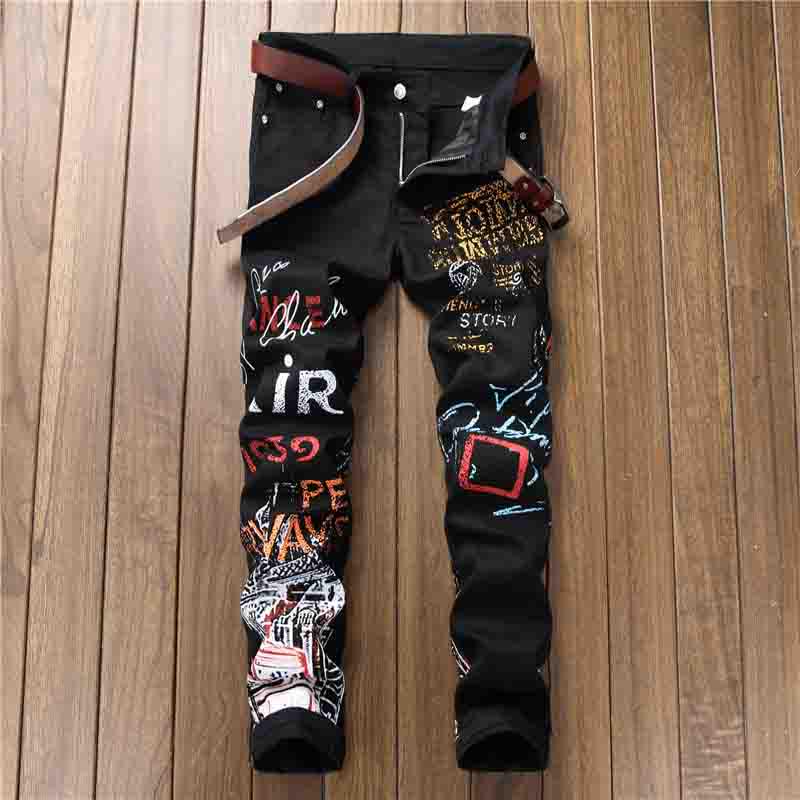 MaleWardrobe Mode Herren Jeans Nachtclub Schwarz Weiß Farbe Persönliche Designer Gedruckt Punk Hosen Skinny Hip Hop Jeans 34 schwarz von Joom DACH