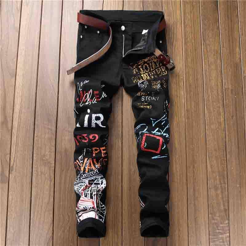 MaleWardrobe Mode Herren Jeans Nachtclub Schwarz Weiß Farbe Persönliche Designer Gedruckt Punk Hosen Skinny Hip Hop Jeans 34 schwarz von Joom DACH