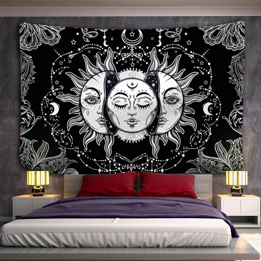 Mandala-Wandteppich, weiß, schwarz, Sonne und Mond, Wandteppich, Wandbehang, Tarot, Hippie, Wandteppiche, Wohnheim-Dekoration, Decke 150x100cm von Joom DACH