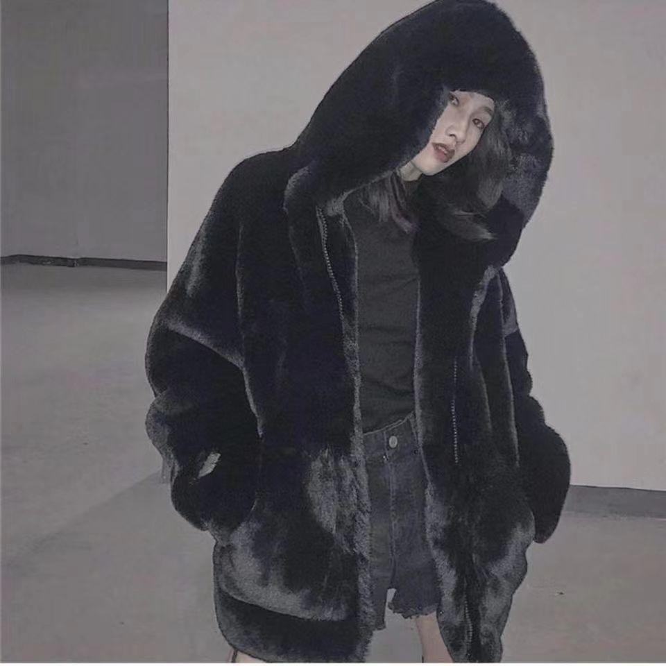 Mantel Damen Herbst und Winter Locker Plüsch Kunstkaninchen Fell Kapuze Strickjacke Frauen Lässige Mode Mittellanger Pelzmantel S schwarz von Joom DACH
