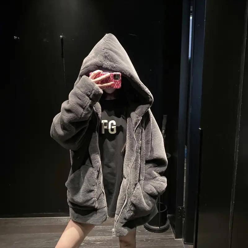 Mantel Damen Herbst und Winter Locker Plüsch Kunstkaninchen Fell Kapuze Strickjacke Frauen Lässige Mode Mittellanger Pelzmantel S dunkelgrau von Joom DACH