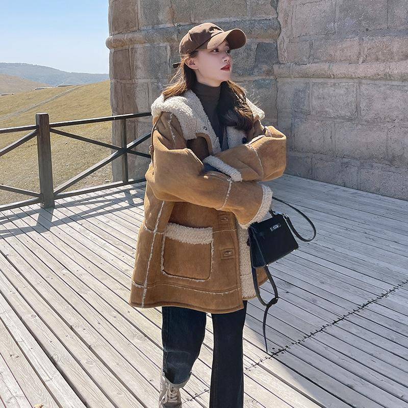 Mantel aus gespleißter Wildleder-Baumwolle für Damen, neue Baumwolljacke mit integriertem dickem Fell M von Joom DACH