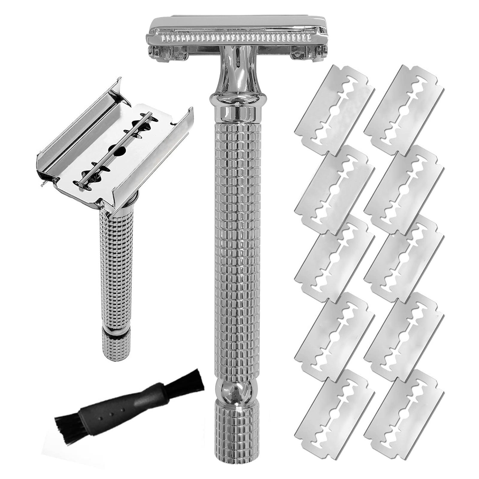 Manueller Rasierrasierer für Männer, doppelseitiger Sicherheitsrasierer, langer Griff, traditioneller Rasierer mit 10 Stück silber von Joom DACH