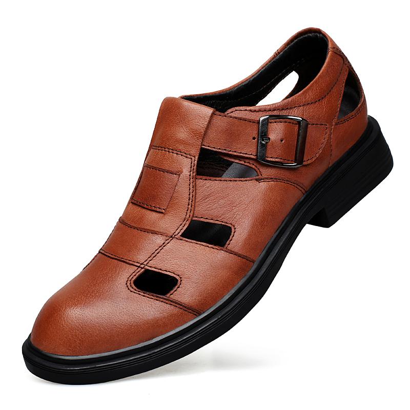 Marke 2024Sommer Hollow Echtes Leder Outdoor Wanderschuhe Cool Rutschfest Lässig Business Sandalen Bequem Atmungsaktiv Herren Sandalen 43 braun von Joom DACH