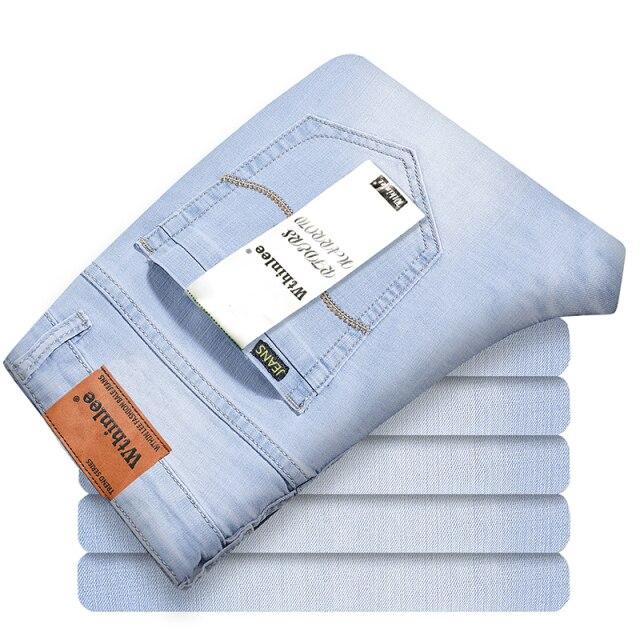 Marke Männer Dünne Jeans 2021 Sommer Neue Stil Business Casual Slim Fit Elastische Klassische Stil Hosen Himmel Blau Hosen männlichen Size28 - 38 von Joom DACH