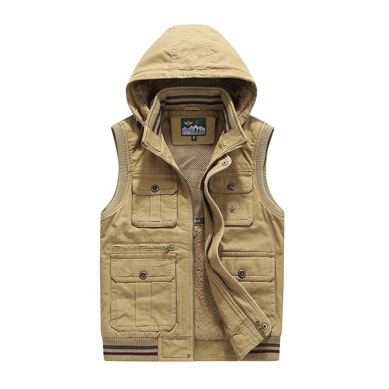 Marke Weste Männer Winter Fleece Dicke Warme Weste Männer Mit Kapuze Multi Taschen Militär Chalecos Para Hombre Colete Masculino M-8XL 4XL khaki von Joom DACH