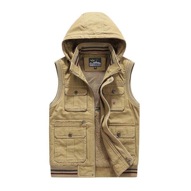 Marke Weste Männer Winter Fleece Dicke Warme Weste Männer Mit Kapuze Multi Taschen Militär Chalecos Para Hombre Colete Masculino M-8XL 4XL khaki von Joom DACH