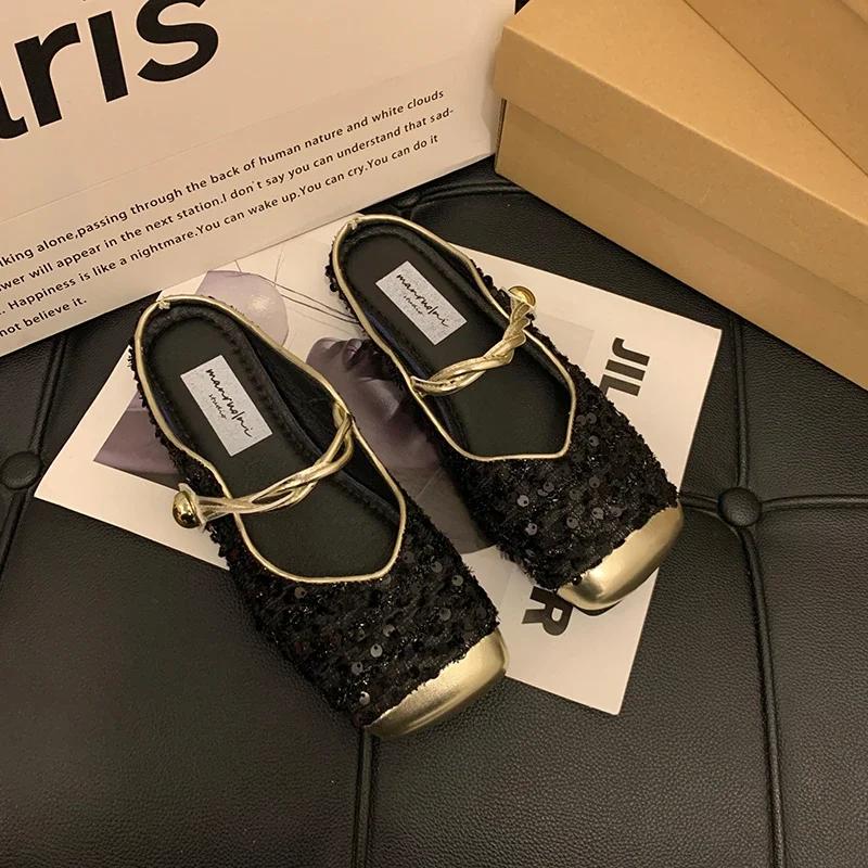 Mary Jane Sandalen mit flachem Absatz und Zehenkappe für Damen, neue Sandalen mit Paillettenstoffriemen, bequeme, tragbare Halbschuhe 40 schwarz von Joom DACH