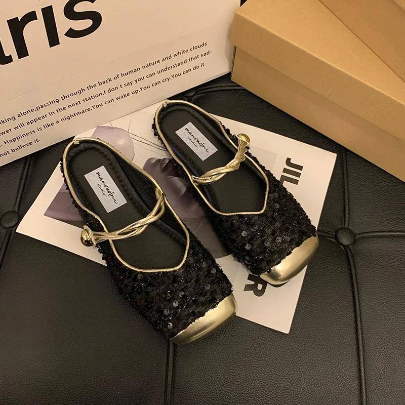 Mary Jane Sandalen mit flachem Absatz und Zehenkappe für Damen, neue Sandalen mit Paillettenstoffriemen, bequeme, tragbare Halbschuhe 40 schwarz von Joom DACH