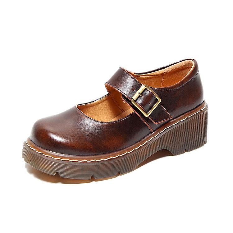Mary Jane Schuhe Japanische Weiche Mädchen Dickbesohlte Rundkopf Einwortschnalle Erhöhen Kleine Lederschuhe Damen 39 braun von Joom DACH