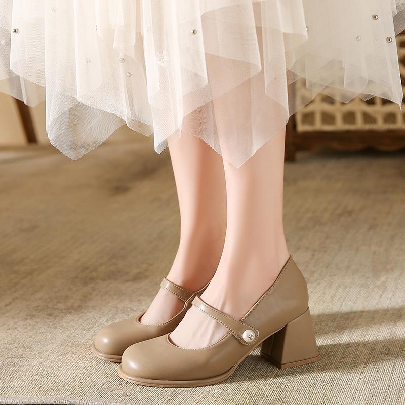 Mary Jane Schuhe aus echtem Leder für Damen im Frühjahr und Sommer, neue französische High Heels mit klobigem Absatz im Feenstil mit Rockpumps 43 von Joom DACH