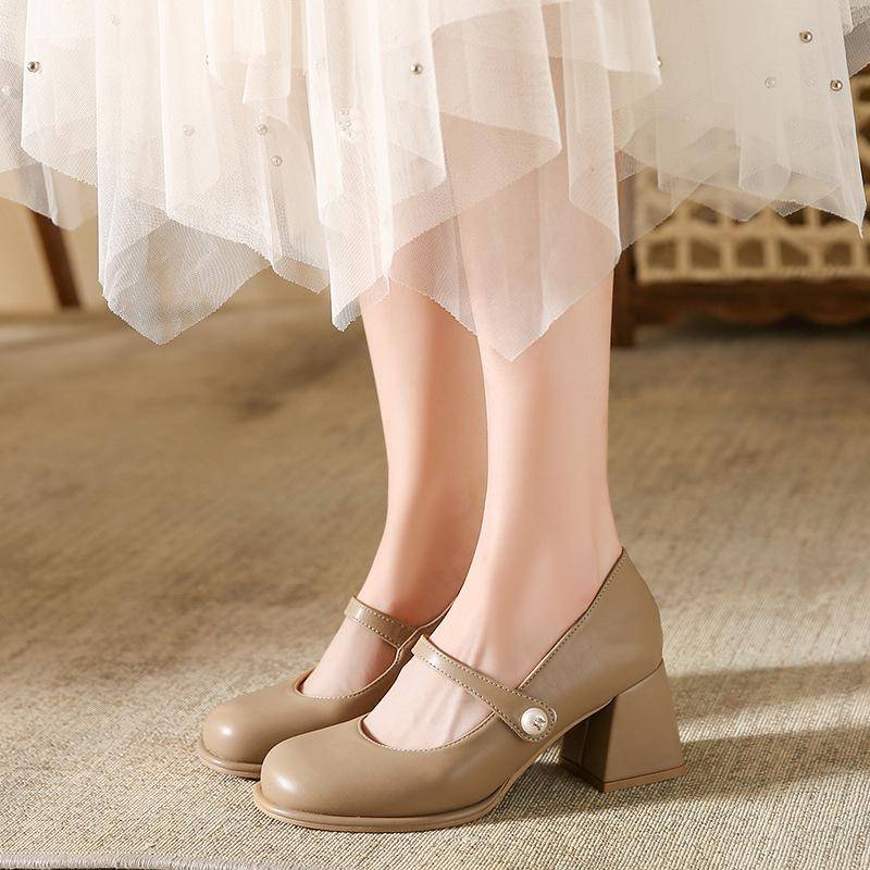 Mary Jane Schuhe aus echtem Leder für Damen im Frühjahr und Sommer, neue französische High Heels mit klobigem Absatz im Feenstil mit Rockpumps 43 von Joom DACH