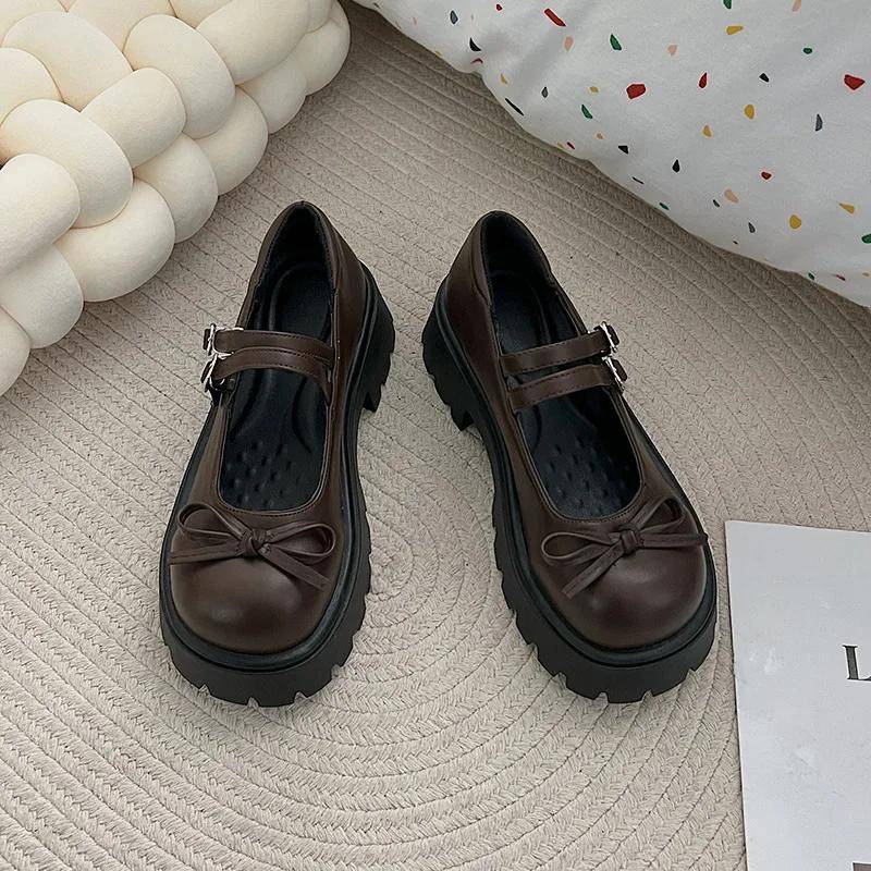 Mary Janes Schuhe für Damen, lässig, runde Zehenpartie, flache Pumps mit Plateausohle, Schleife, dicker Absatz, bequeme Halbschuhe 35 braun von Joom DACH