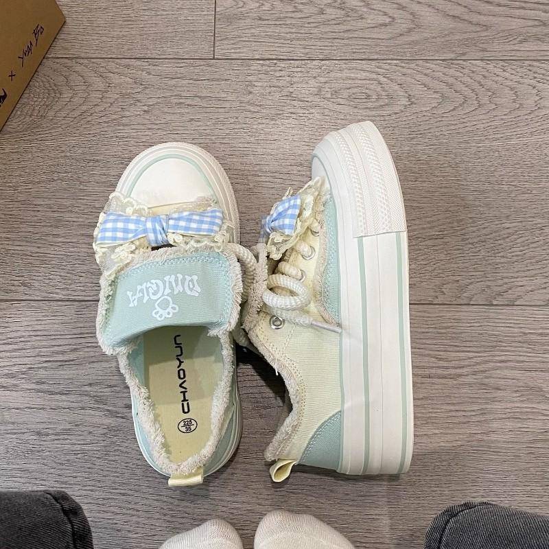 Matcha Grün Schleife Plateau Canvas Schuhe Damen Neu Frühling und Herbst Nische Freizeit Sport Kleine Weiße Schuhe 40 von Joom DACH