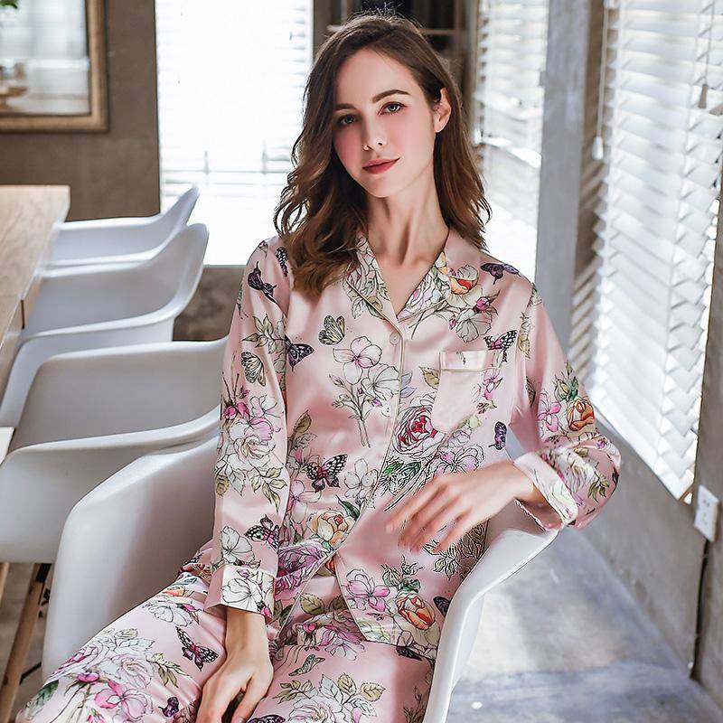 Maulbeerseide Pyjama Damen Seidenpyjama Set Pyjama Blumendruck Blume Langarm Pyjama 2XL von Joom DACH
