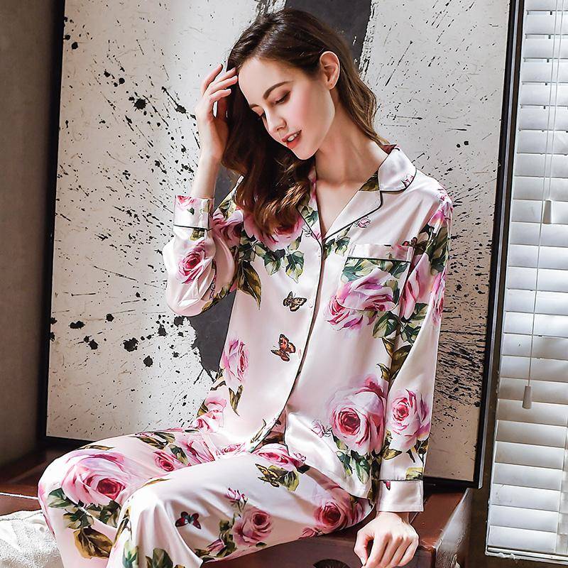 Maulbeerseide Pyjama Damen Seidenpyjama Set Pyjama Blumendruck Blume Langarm Pyjama 2XL von Joom DACH