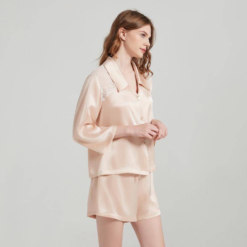 Maulbeerseide Pyjama Set Spitze Eine Schulter Damen Sommer Revers Damen Ärmel Shorts Set XL von Joom DACH