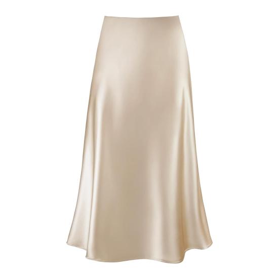 Maxirock Damen High-Waist Glatter Satin Langer Rock mit Reißverschluss Einfarbig Frühling XXL champagner von Joom DACH