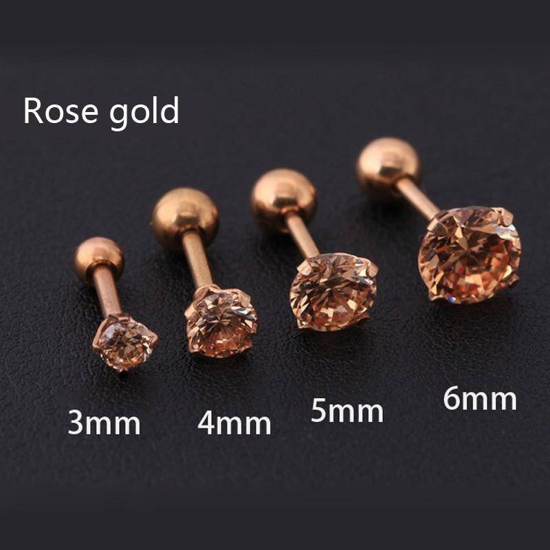 Medizinische Titanstahl-Ohrringe mit grober Nadel und Zirkonia für Mädchen und Männer, mit Strass besetzte Ohrringe, Ohrknochennägel 4mm rose gold von Joom DACH
