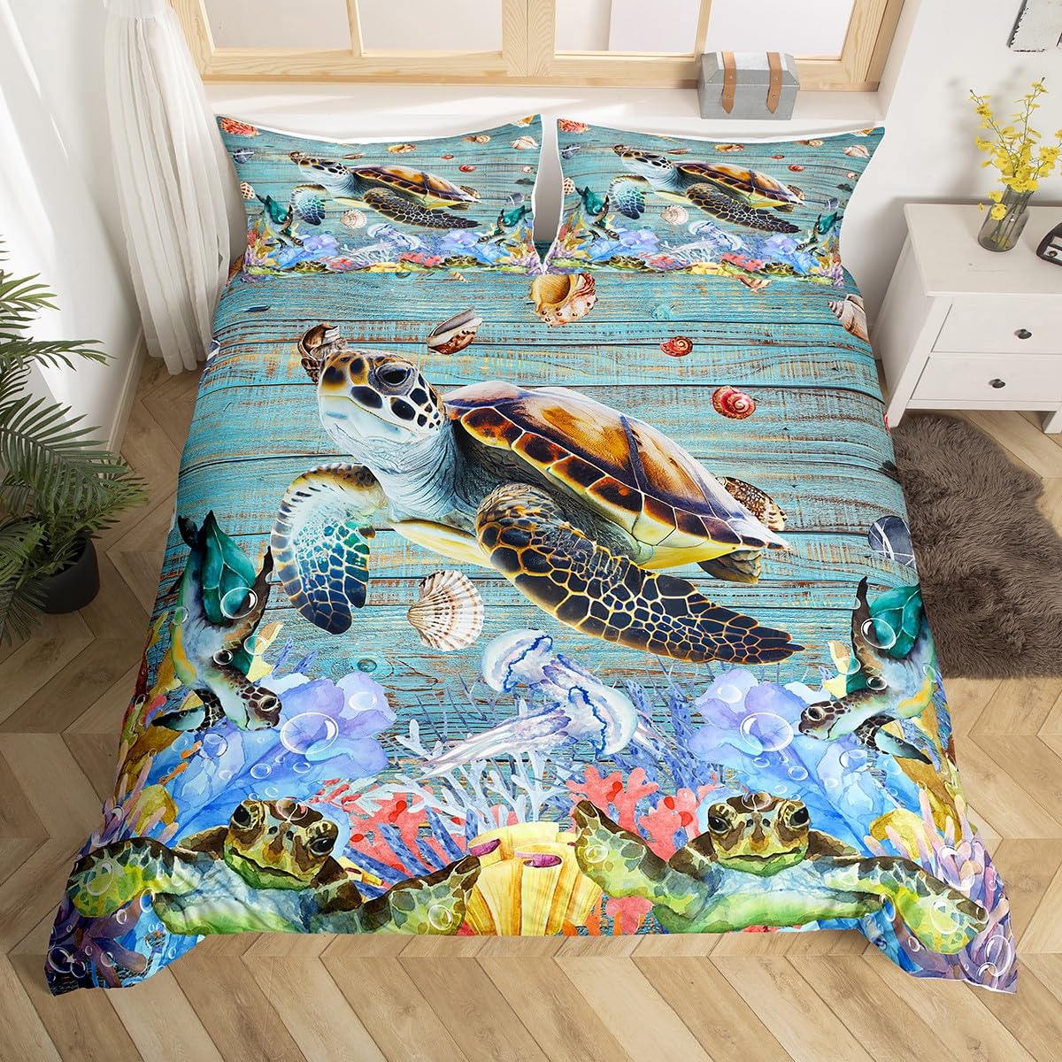 Meeresschildkröten Bettbezug Doppelbettgröße, Ozean Bettwäsche-Set für Kinder Jugendliche, Strand Bettdeckenbezug, 1 2 Kissenbezüge 3-teilig für Jugendliche Jungen EU single(135x200cm) von Joom DACH