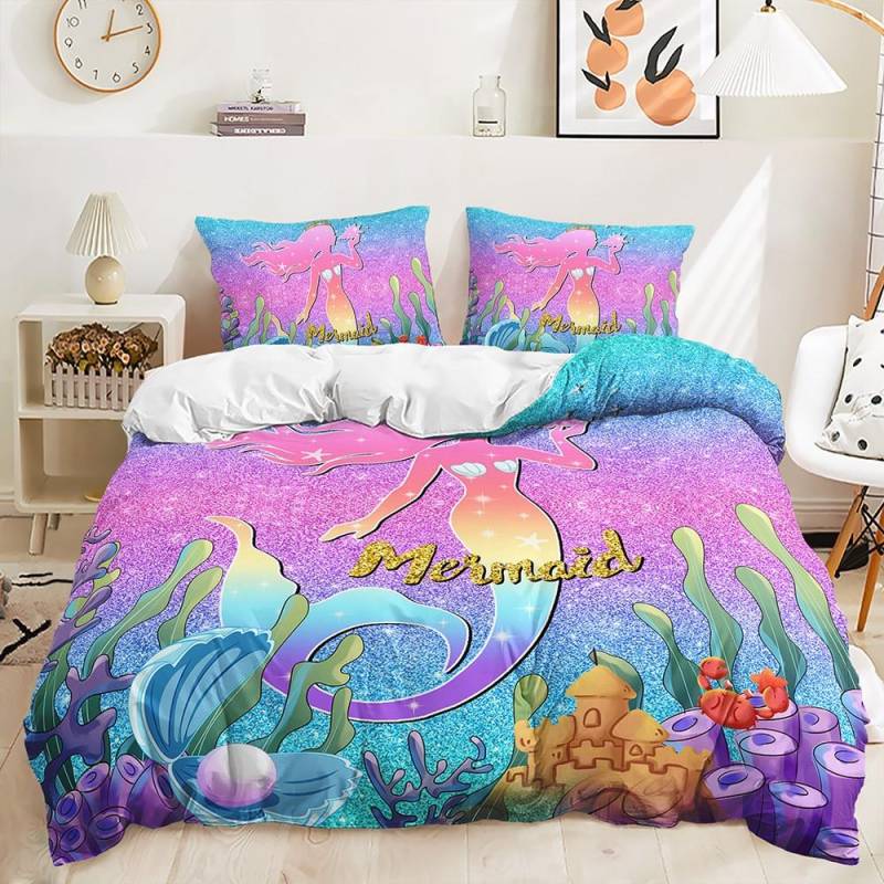 Meerjungfrau Wunderschönes Regenbogen Bettwäscheset Polyester Bettbezugset Einzelbett Doppelbett Twin Queen Bettdeckensets für Mädchen Frauen Bettwäsche AU Double 180x210cm von Joom DACH