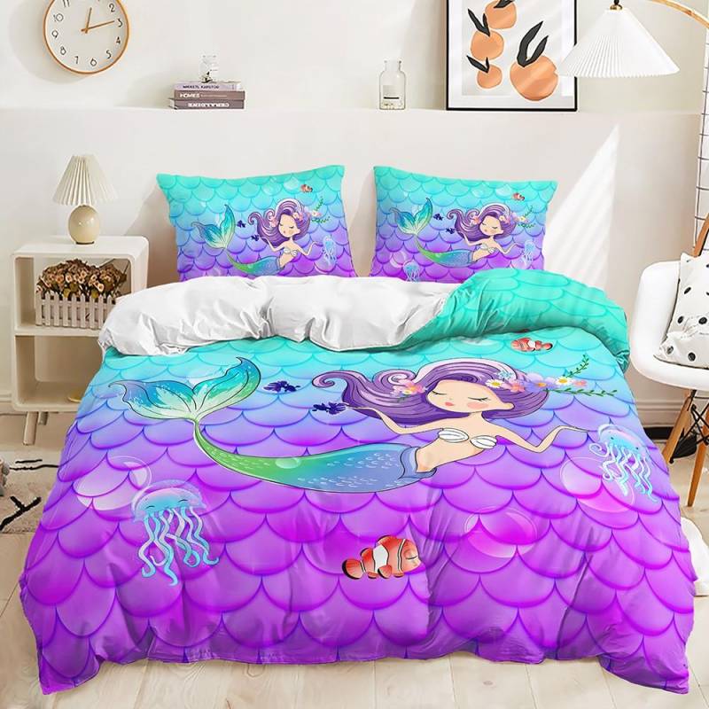 Meerjungfrau Wunderschönes Regenbogen Bettwäscheset Polyester Bettbezugset Einzelbett Doppelbett Twin Queen Bettdeckensets für Mädchen Frauen Bettwäsche AU Single140x210cm von Joom DACH