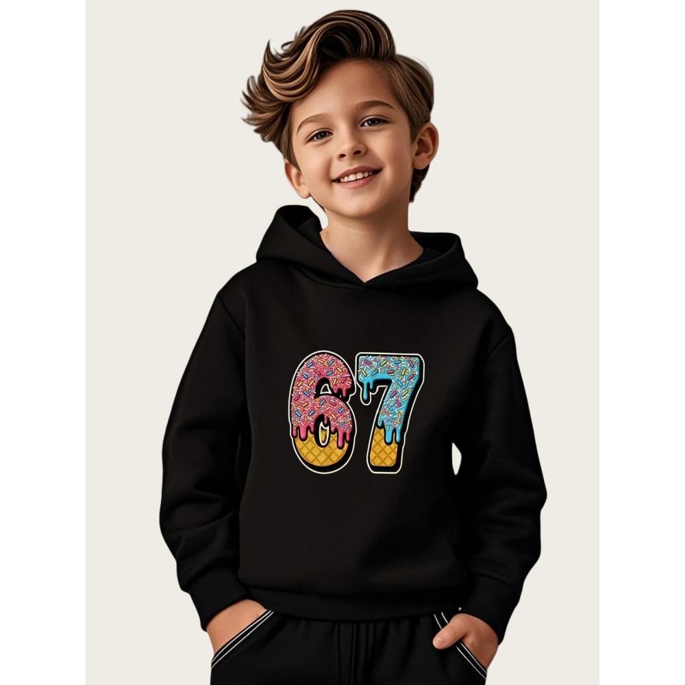 Meme 67 Muster Kapuzenpullover für Jungen Lässig Rundhals Kurzärmeliger Kapuzenpullover Bequem Trendig Street Langarm Kinderbekleidung 120 von Joom DACH