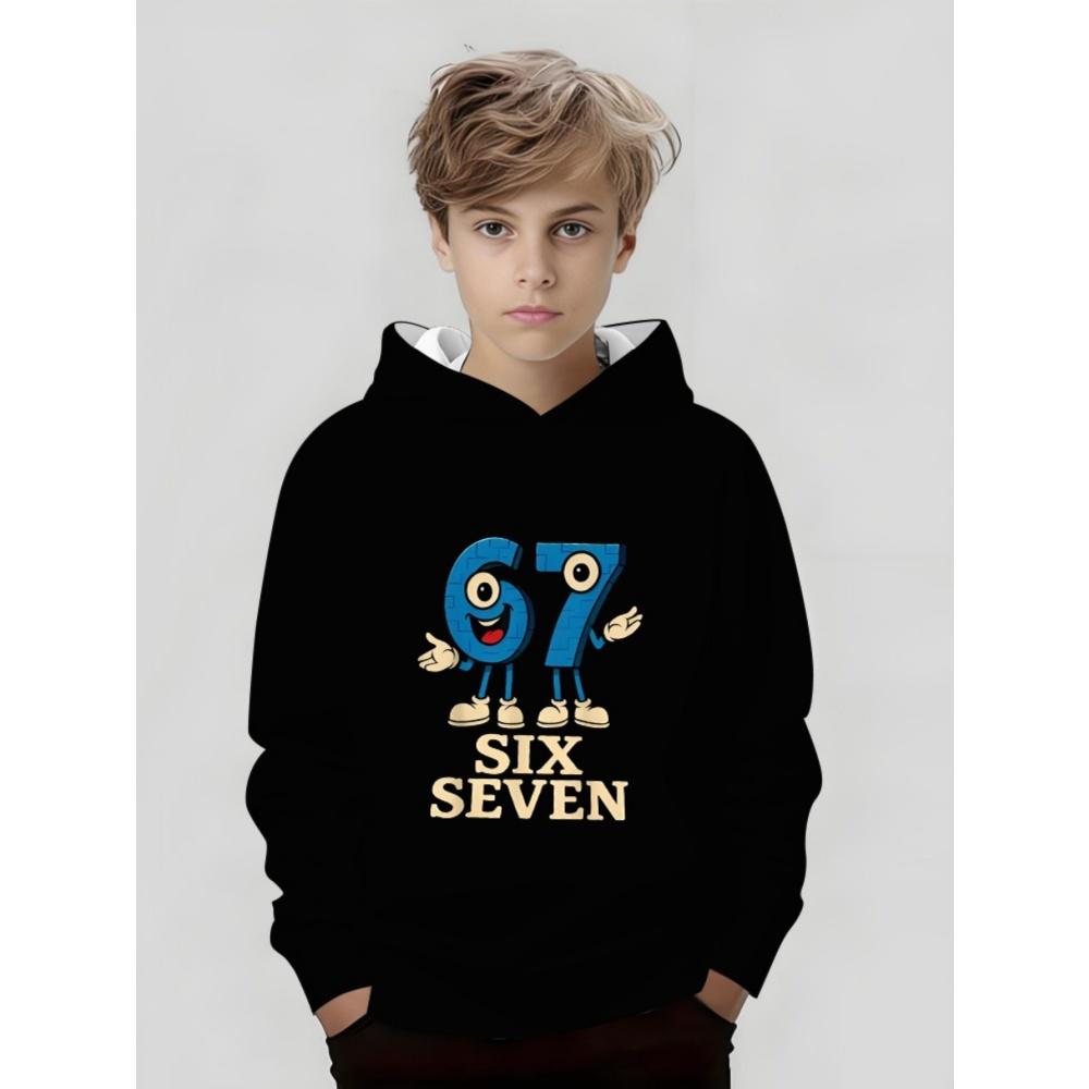 Meme 67 Muster Kapuzenpullover für Jungen Lässig Rundhals Kurzärmeliger Kapuzenpullover Bequem Trendig Street Langarm Kinderbekleidung 140 von Joom DACH