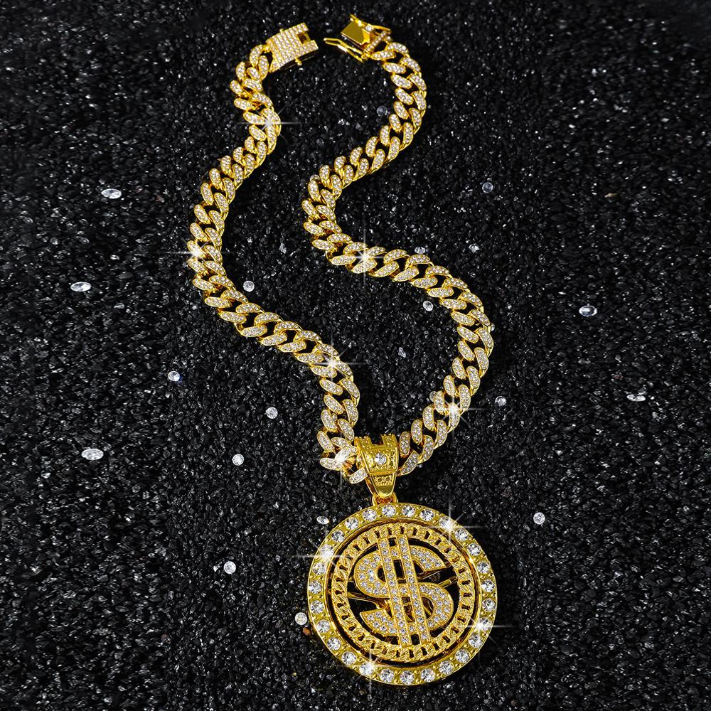 Herren Hip Hop Groß Drehbar US Dollar Geldzeichen Anhänger Halskette 13mm Iced Out Kubanische Kette Choker Halskette Rap Rock Charm Schmuck von Joom DACH