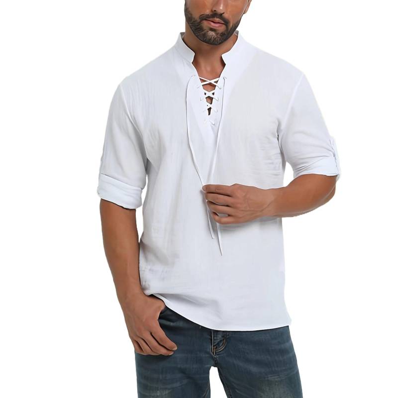 Herren Freizeit Schnürhemd Sommer Strandstil Baumwoll-Leinen-Mischung V-Ausschnitt Kordelzug Tops Lässig Vielseitig Praktisch XXL weiß von Joom DACH