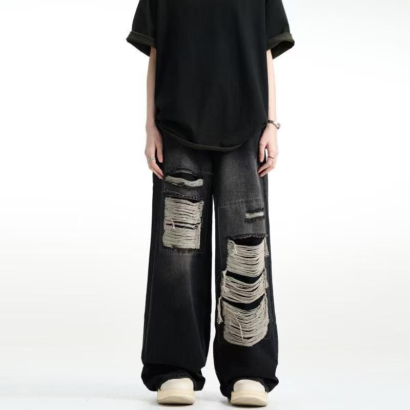 Herren Übergröße Amerikanischer Streetstyle Patchwork Ripped Jeans - Trendiges Lockeres Straight-Leg Design XL von Joom DACH