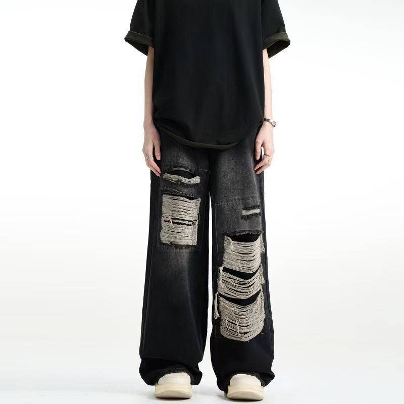 Herren Übergröße Amerikanischer Streetstyle Patchwork Ripped Jeans - Trendiges Lockeres Straight-Leg Design XL von Joom DACH