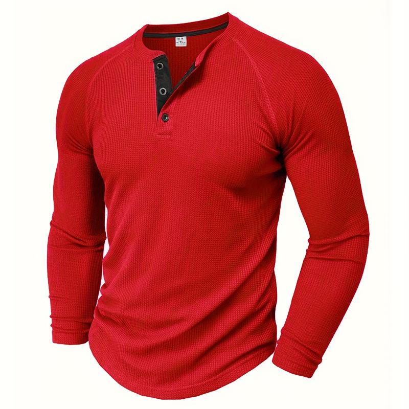 Herren Locker Geschnittenes Einfarbiges Henley-Shirt, Rundhals Halbgeknöpft Langarmshirt Für Frühling Herbst Outdoor-Aktivitäten L rot von Joom DACH