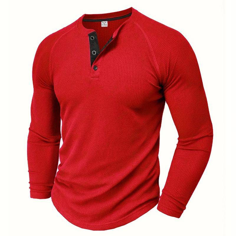 Herren Locker Geschnittenes Einfarbiges Henley-Shirt, Rundhals Halbgeknöpft Langarmshirt Für Frühling Herbst Outdoor-Aktivitäten L rot von Joom DACH