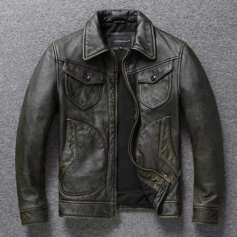 Mendoza Farmer Echtlederjacke Herren American Retro Distressed Moon Pocket Olivgrüne Revers-Motorradjacke M olivgrüne von Joom DACH