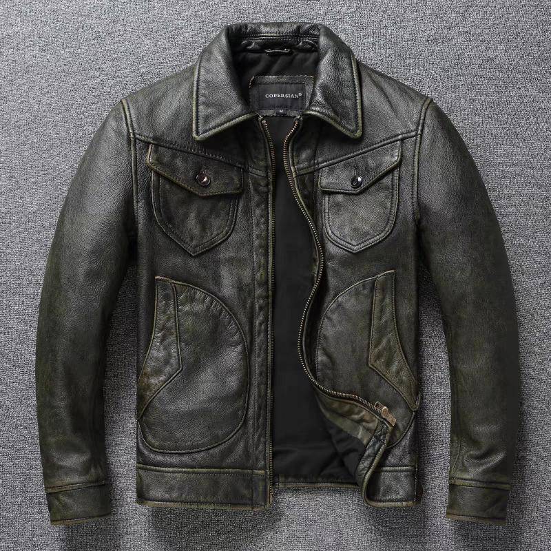 Mendoza Farmer Echtlederjacke Herren American Retro Distressed Moon Pocket Olivgrüne Revers-Motorradjacke M olivgrüne von Joom DACH