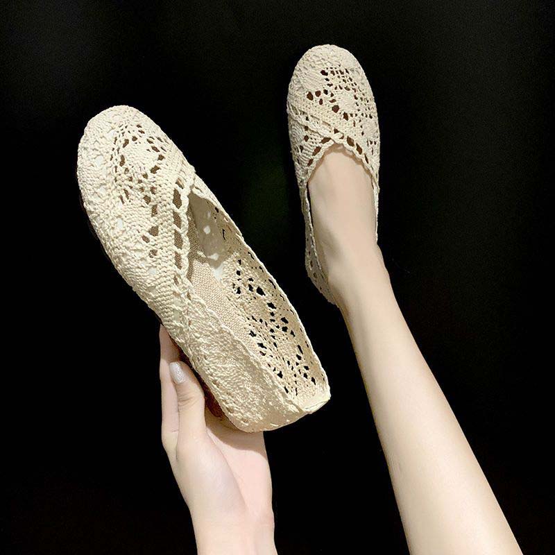 Mesh-Schuhe Atmungsaktive Mesh-Sandalen Damen Stoffschuhe Weiche Sohle Flache Sohle Schuhe Vintage Cut-out-Design Schlichter Casual-Style Frühling Sommer 39 beige von Joom DACH